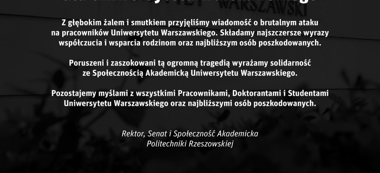 Plakat/wpis z wyrazami współczucia i wsparcia dla społeczności UW od PRz