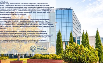 Obraz przedstawia budynek V Politechniki Rzeszowskiej, na którego tle umieszczone są życzenia.